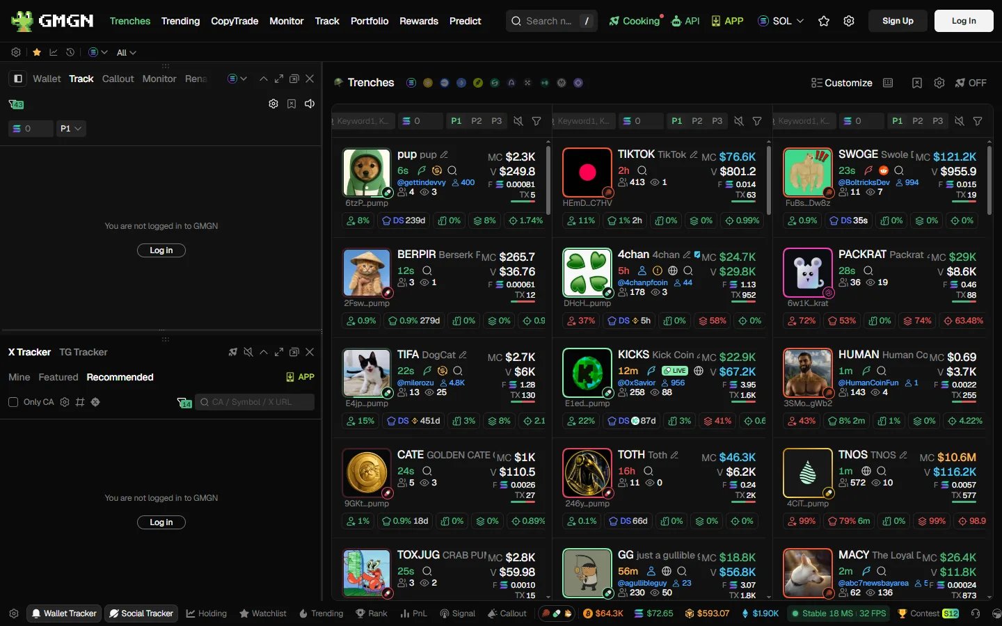 GMGN's Trenches feed: three live columns of newly launched Solana tokens, each card showing market cap, volume, transaction count, holder and dev-holding percentages and a token-age counter, with per-column keyword filters and P1/P2/P3 buy presets above them.